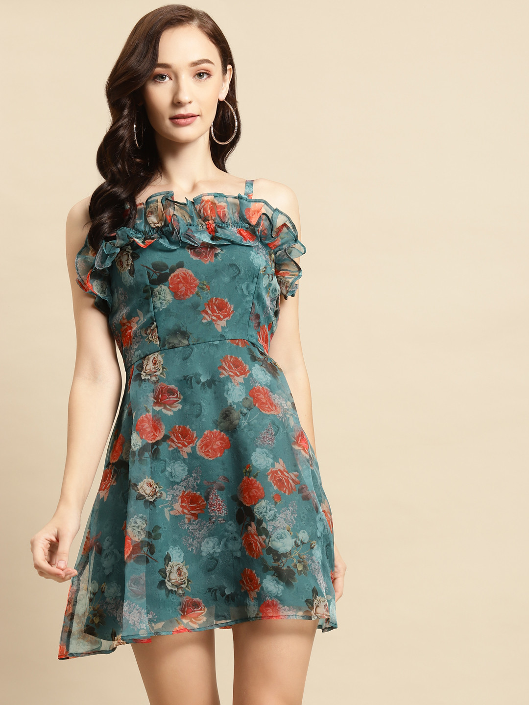 WoowZerz Green & Red Floral Print Ruffled A-Line Dress