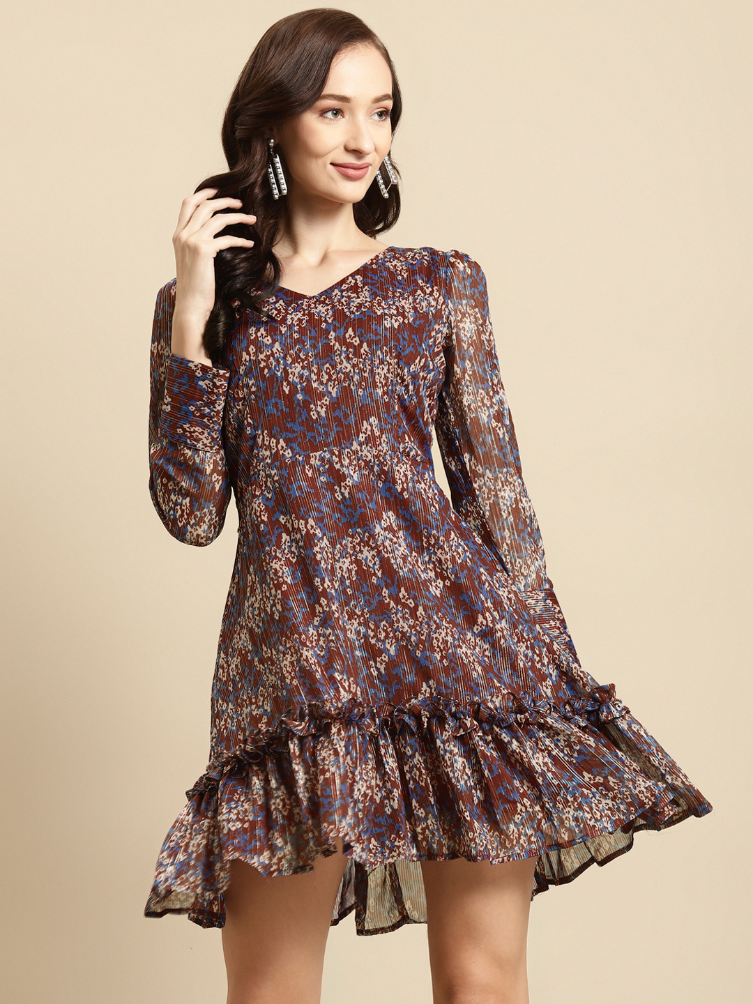 WoowZerz Maroon & Blue Floral A-Line Dress