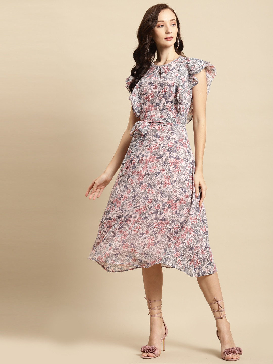 WoowZerz Pink & Blue Floral A-Line Midi Dress & Belt