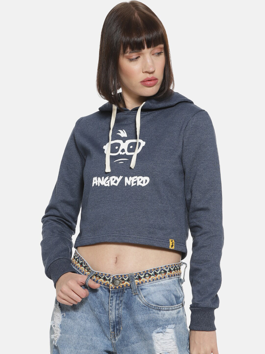 Campus Sutra Women Blue Angry Nerd Hooded Crop Sweatshirt