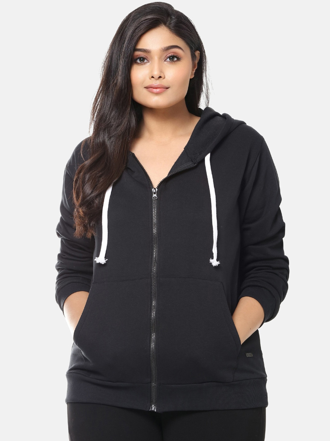 Instafab Plus Women Black Solid Hooded Sweatshirt