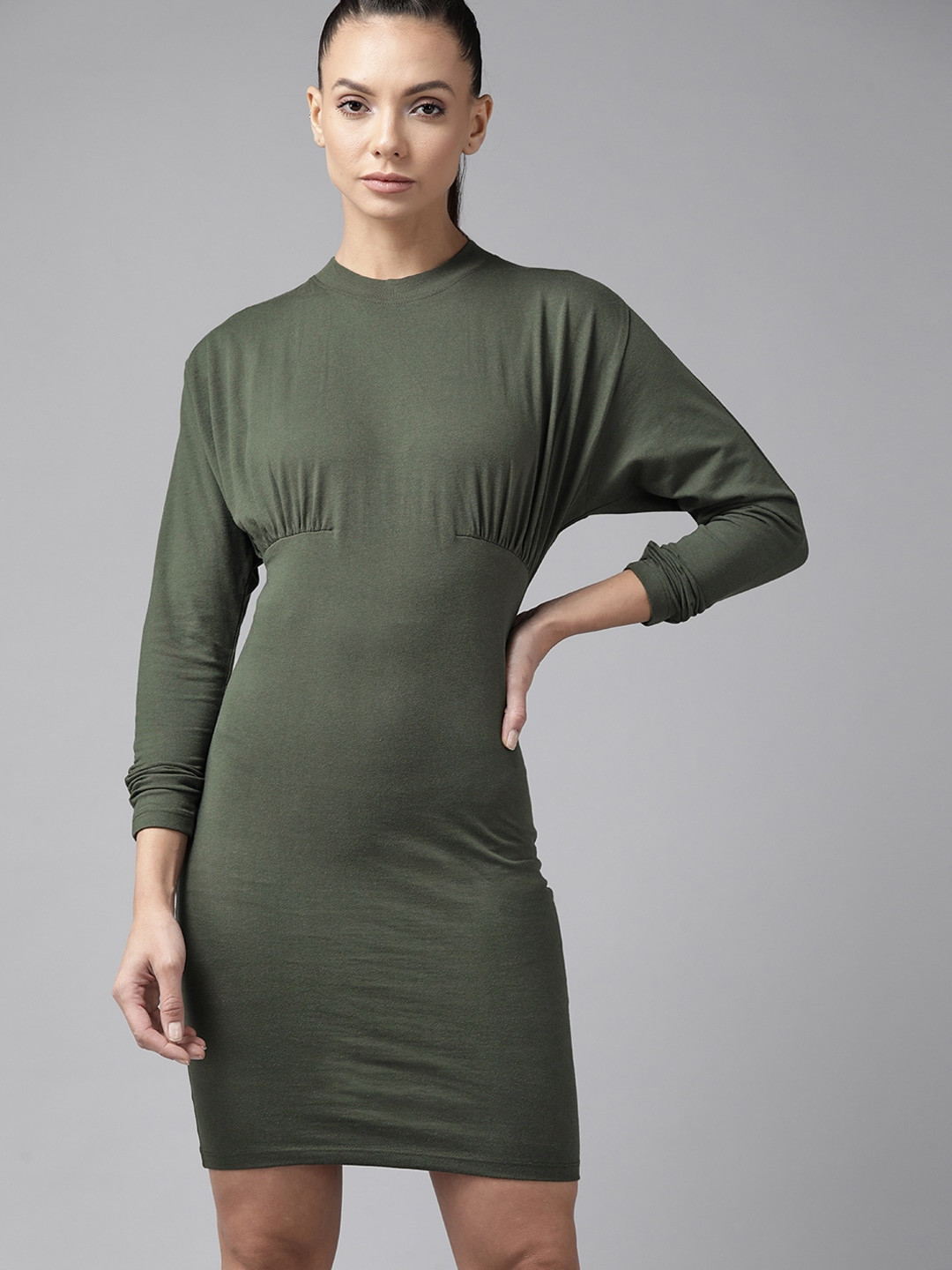 Roadster Olive Green Gather Detail Sheath Dress