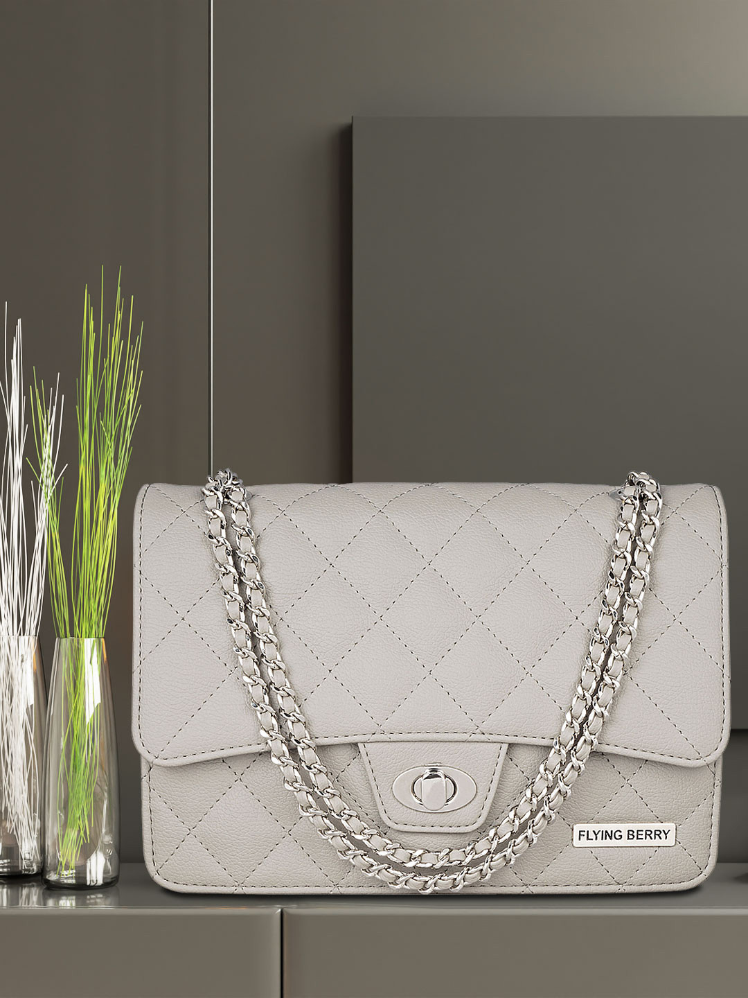 FLYING BERRY Grey PU Structured Quilted Sling Bag with Chain Sling