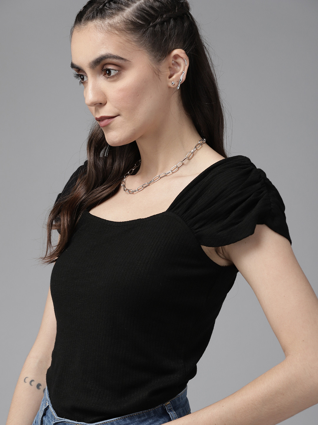 Roadster Women Black Ribbed Ruched Top