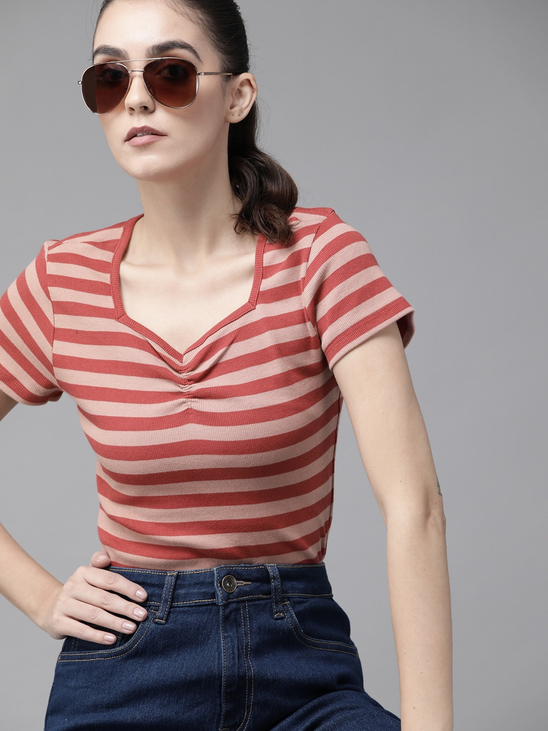 Roadster Dusty Pink & Red Striped Sweetheart Neck Top