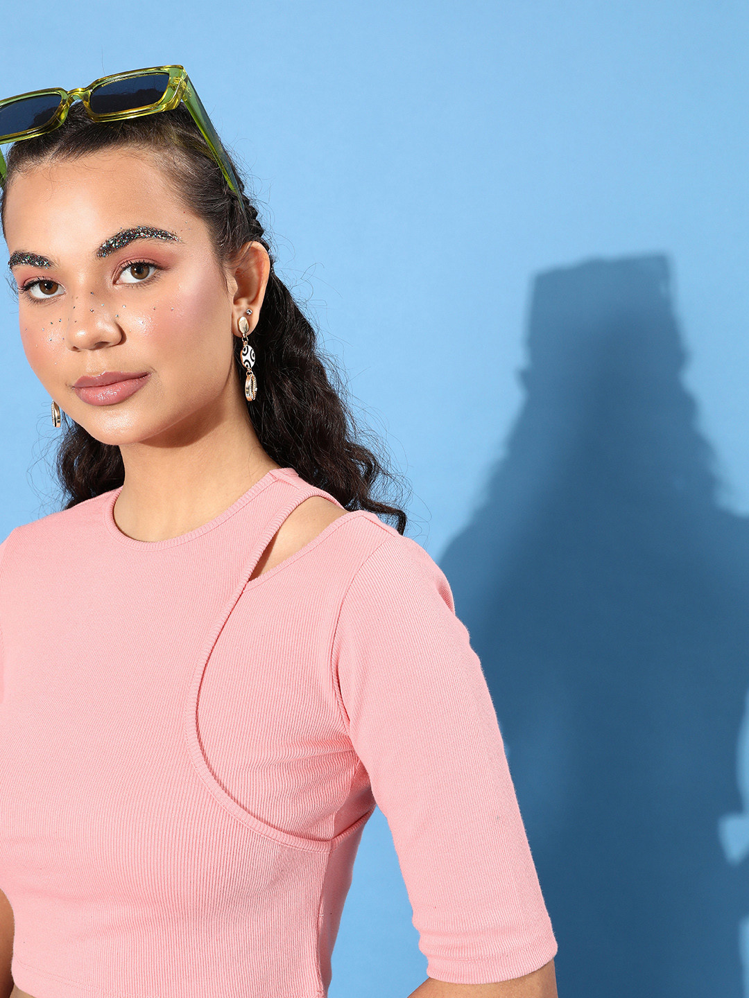 Roadster Peach Pink Solid Round Neck Regular Sleeves Cut Out Crop Fitted Top