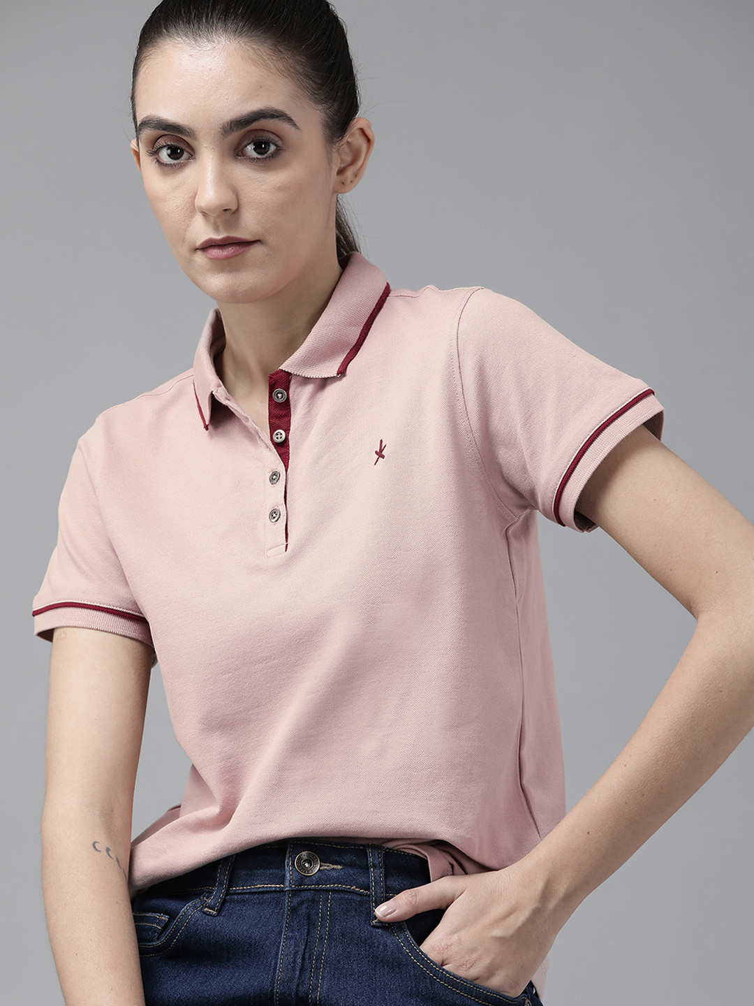 Roadster Women Rose Solid Polo Collar T-shirt