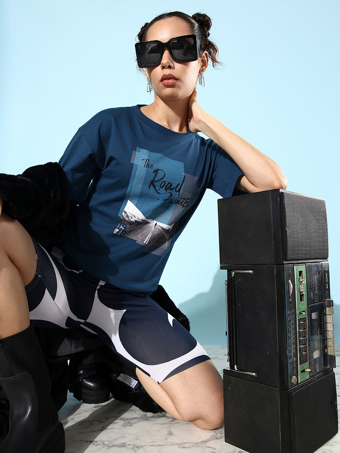 The Roadster Lifestyle Co. Women Teal Blue Foraging Offgrid Graphics T-shirt