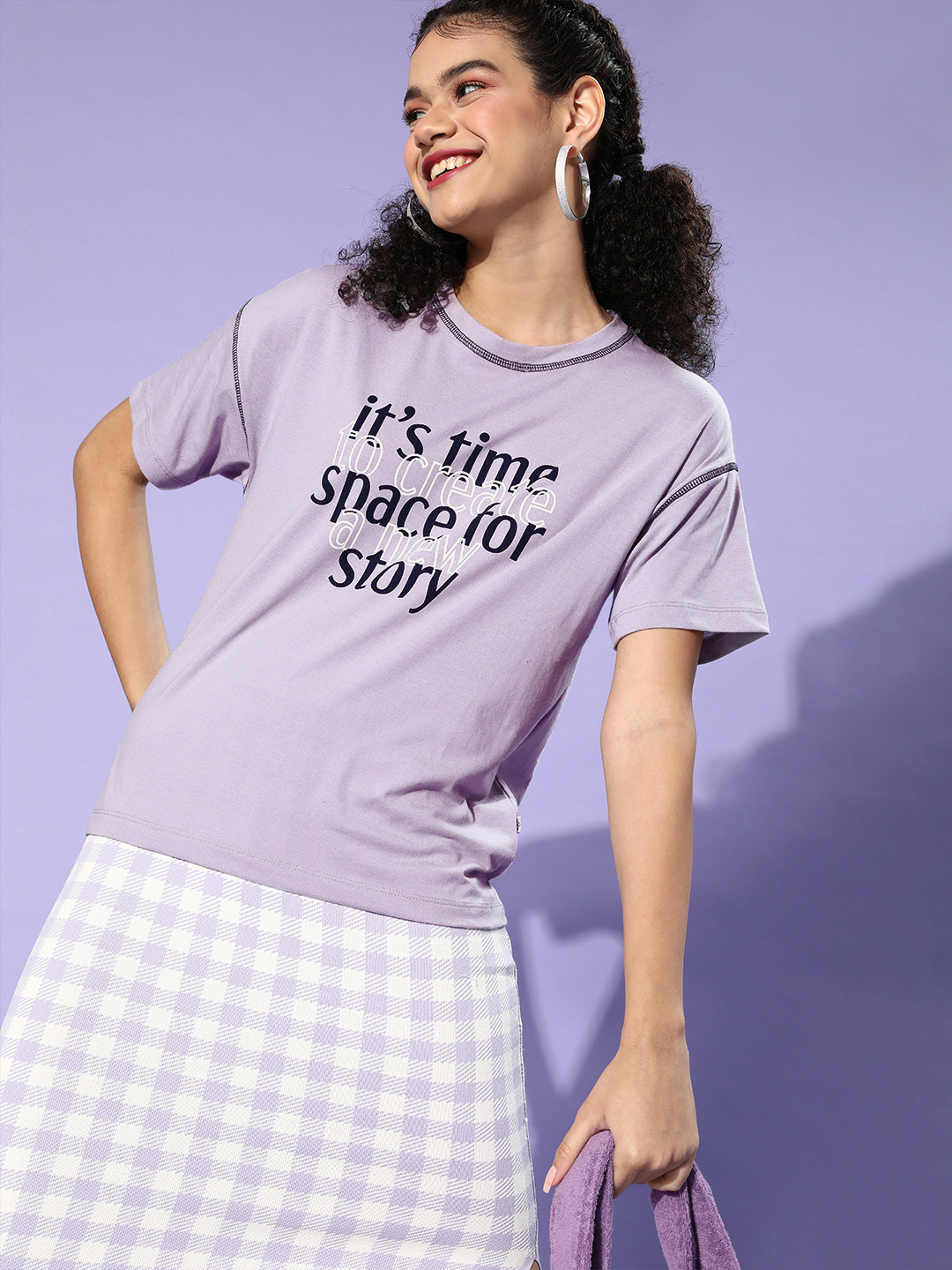 Roadster Women Lavender & Black Typography Rafael Nadal Printed Drop-Shoulder Sleeves T-shirt