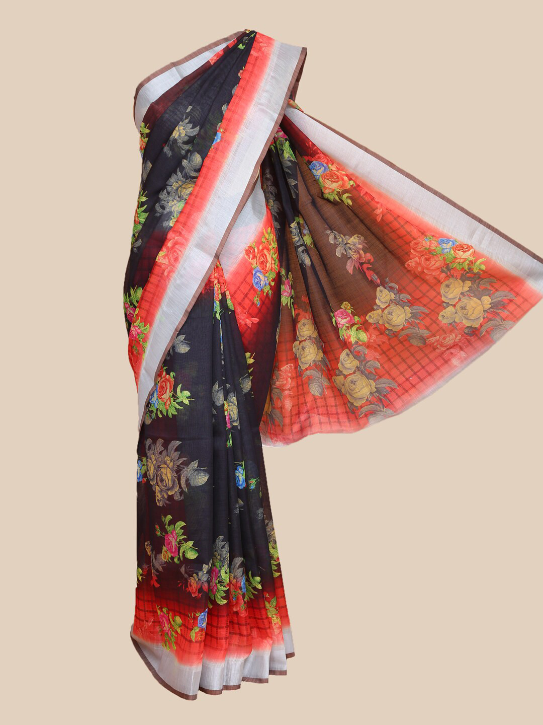 The Chennai Silks Black & Silver-Toned Floral Printed Fusion Chanderi Saree