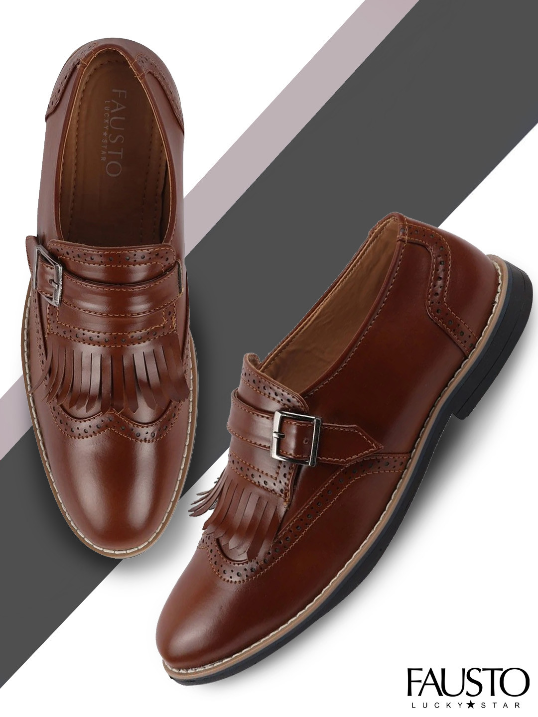 FAUSTO Men Tan PU Monk Single Strap Fringe With TPR Welted Sole Monks