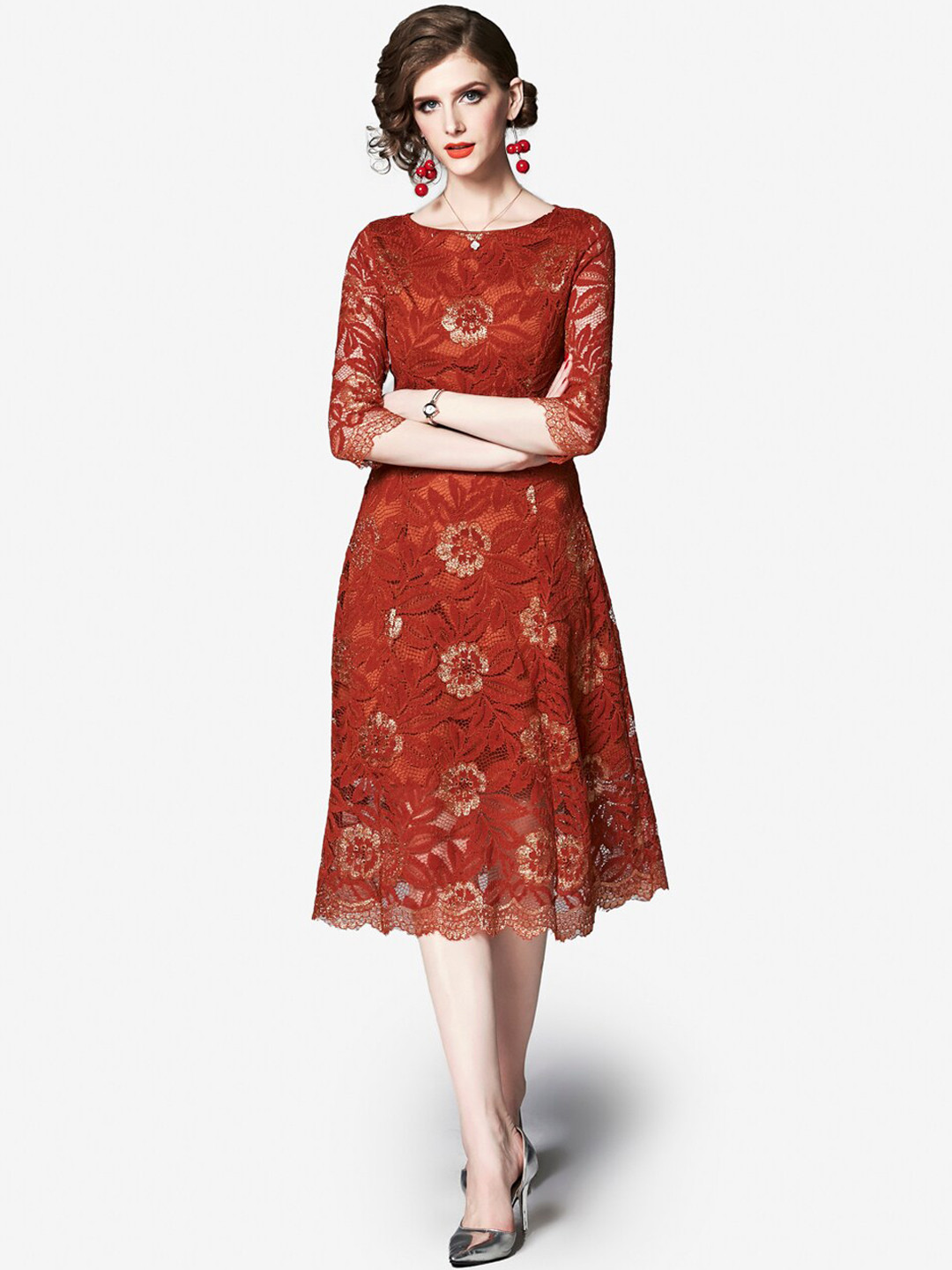 JC Collection Women Rust Floral Midi Dress