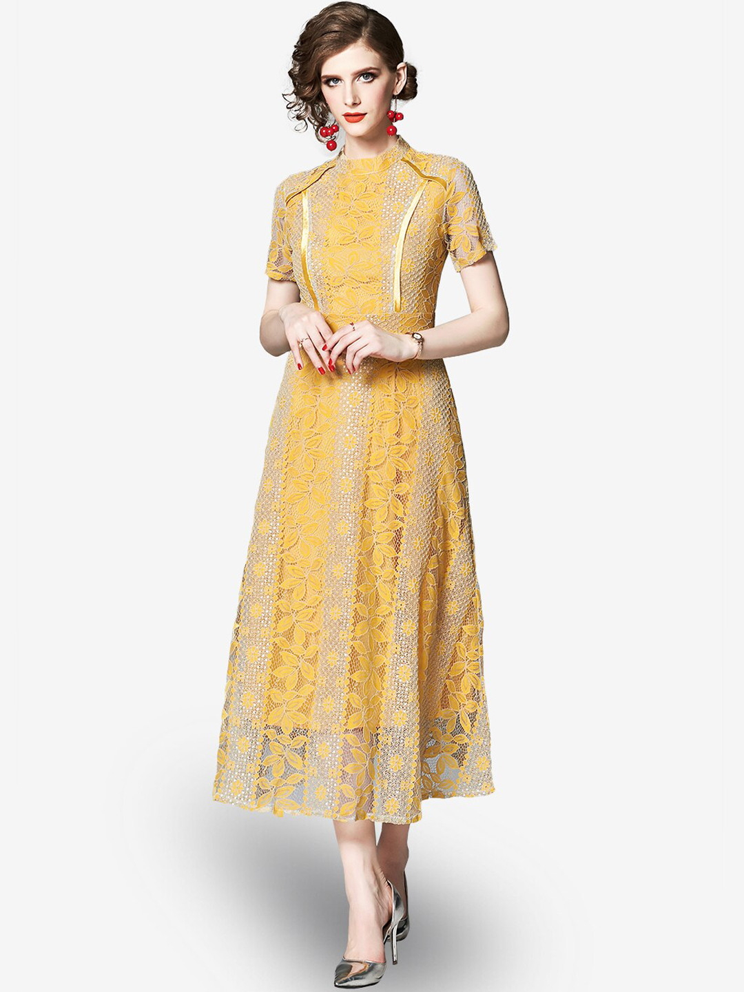 JC Collection Yellow Self Design Maxi Dress