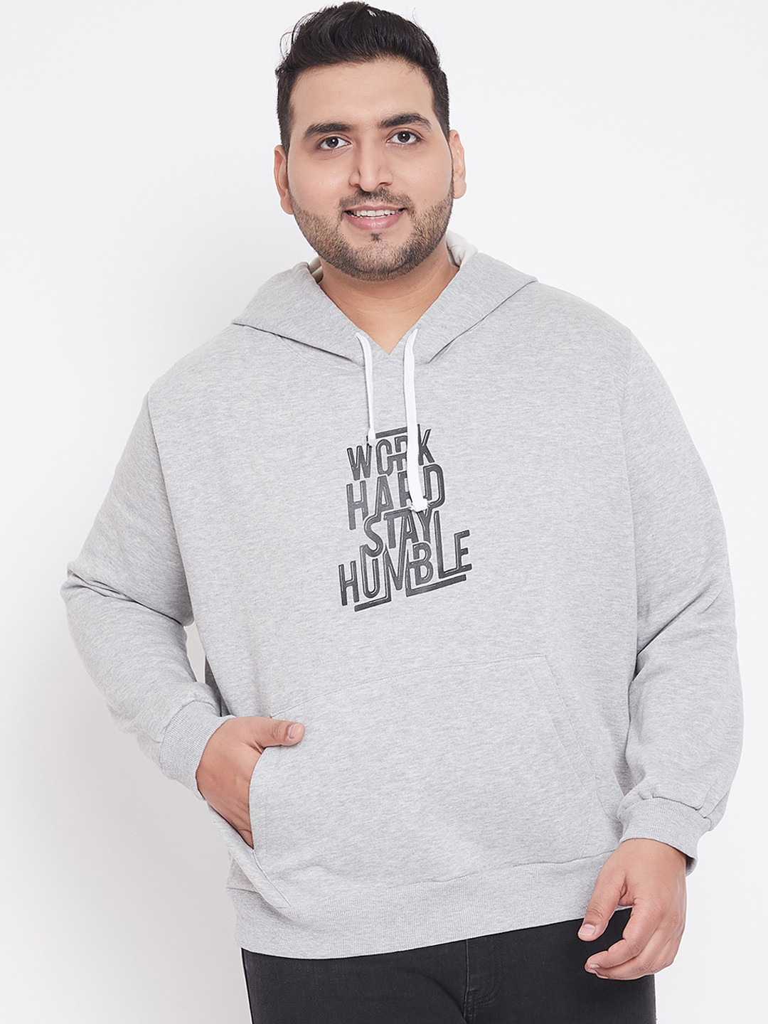 Instafab Plus Men Grey Typograpghy Printed Hooded Sweatshirt