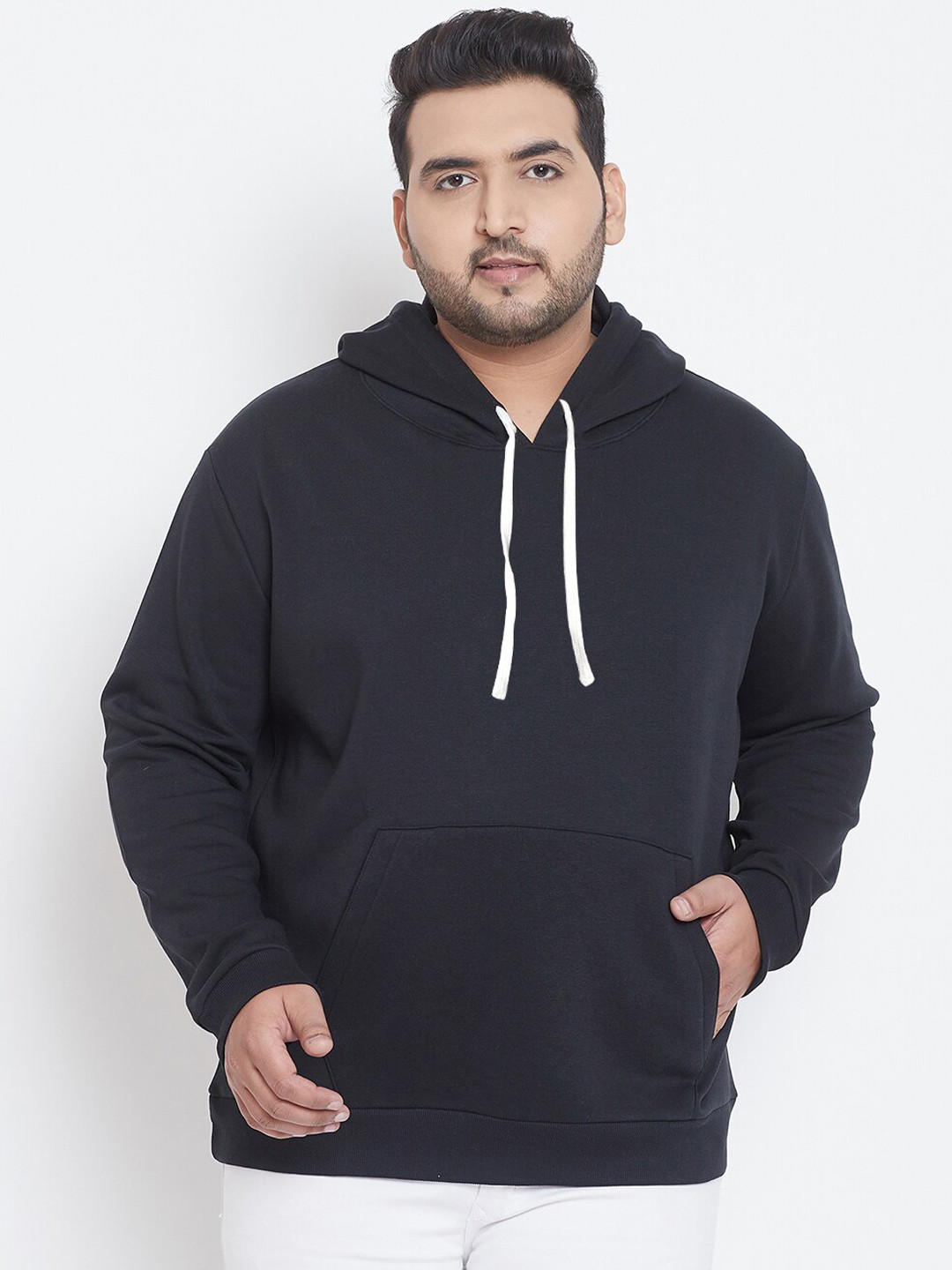 Instafab Plus Men Solid Black Hooded Sweatshirt