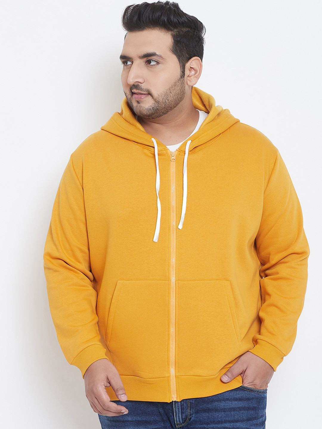 Instafab Plus Men Solid Mustard Hooded Sweatshirt