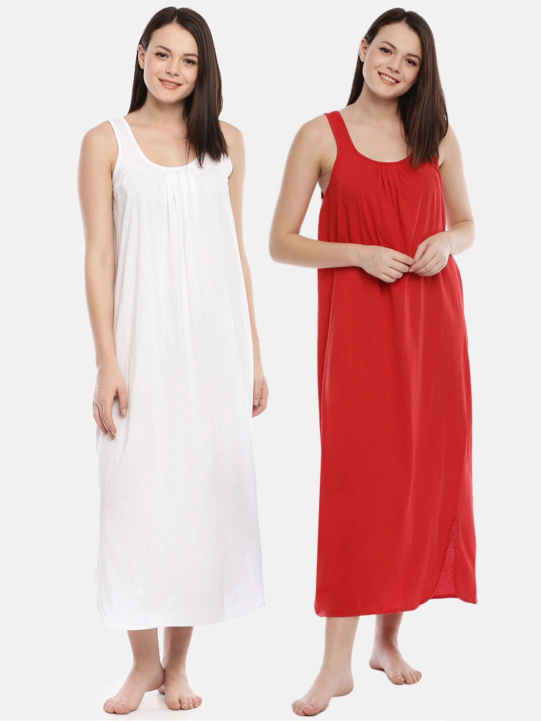 GOLDSTROMS Women White Pack Of 2 White & Red Sleeveless Midi Nightdress