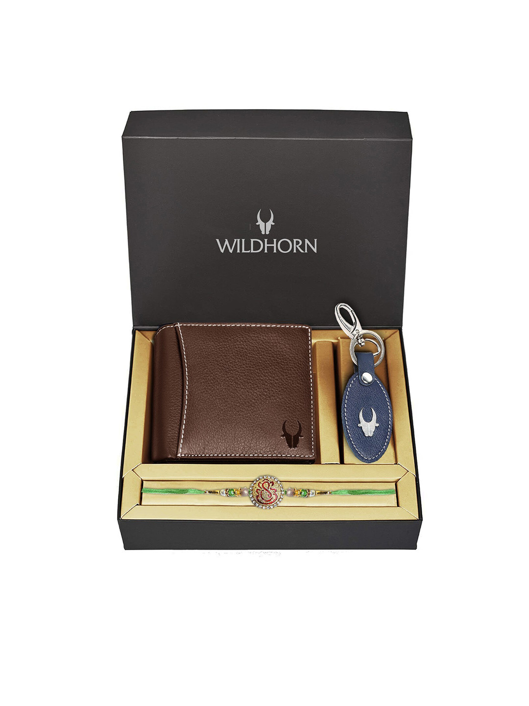WildHorn Brown Genuine Leather Wallet and Blue Keychain with Rakhi Combo Gift Set