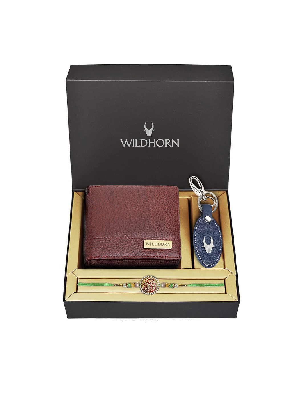 WildHorn Maroon Genuine Leather Wallet and Blue Keychain with Rakhi Combo Gift Set