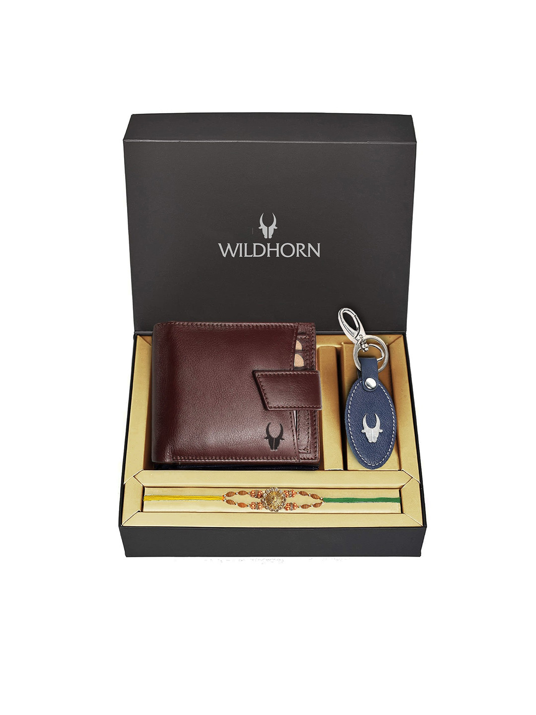 WildHorn Maroon Genuine Leather Wallet and Blue Keychain with Rakhi Combo Gift Set