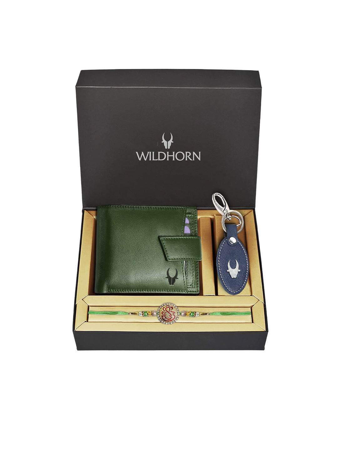 WildHorn Green Leather Wallet and Blue Keychain with Rakhi Combo Gift Set