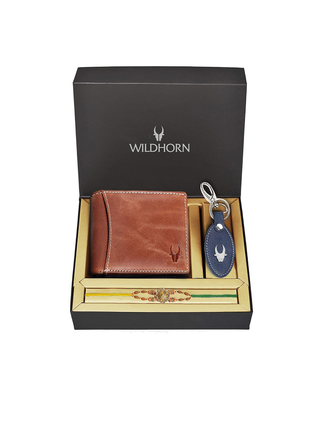 WildHorn Tan-Coloured Leather Wallet and Blue Keychain with Rakhi Combo Gift Set