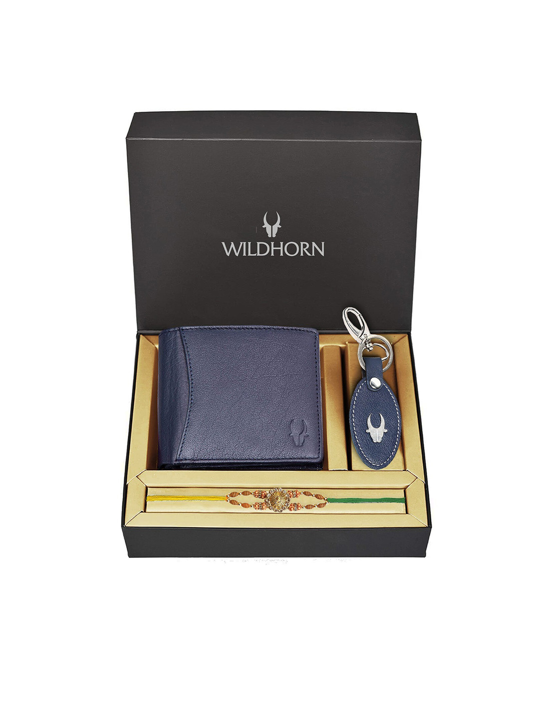 WildHorn Blue Leather Wallet and Keychain with Rakhi Combos Gift Set
