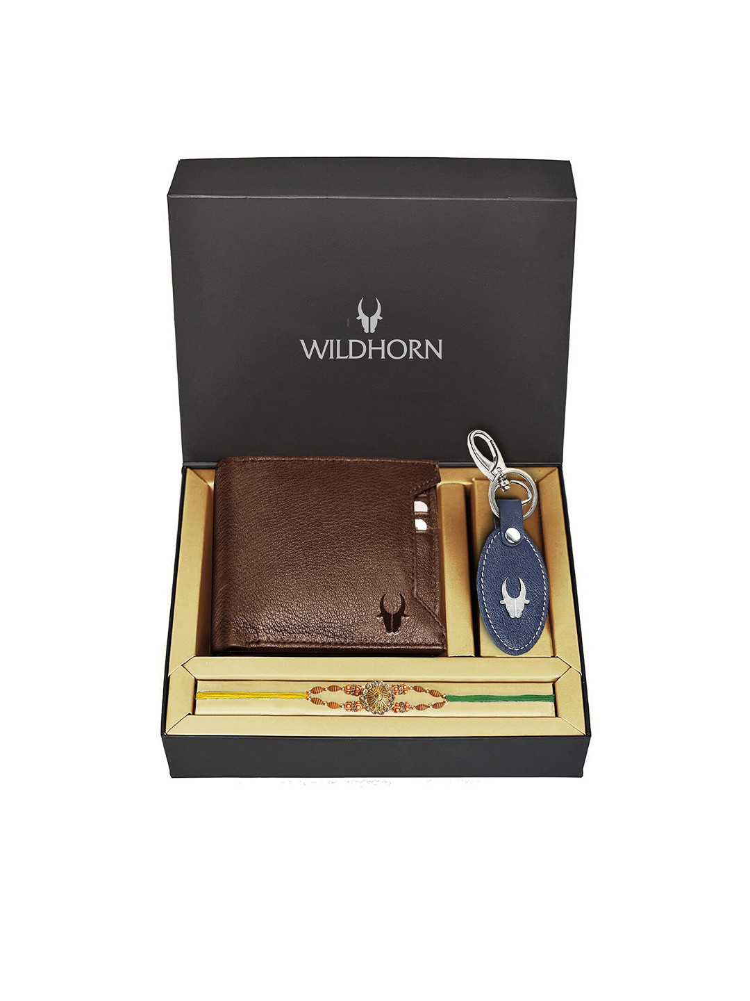 WildHorn Brown Leather Wallet and Blue Keychain with Rakhi Combo Gift Set