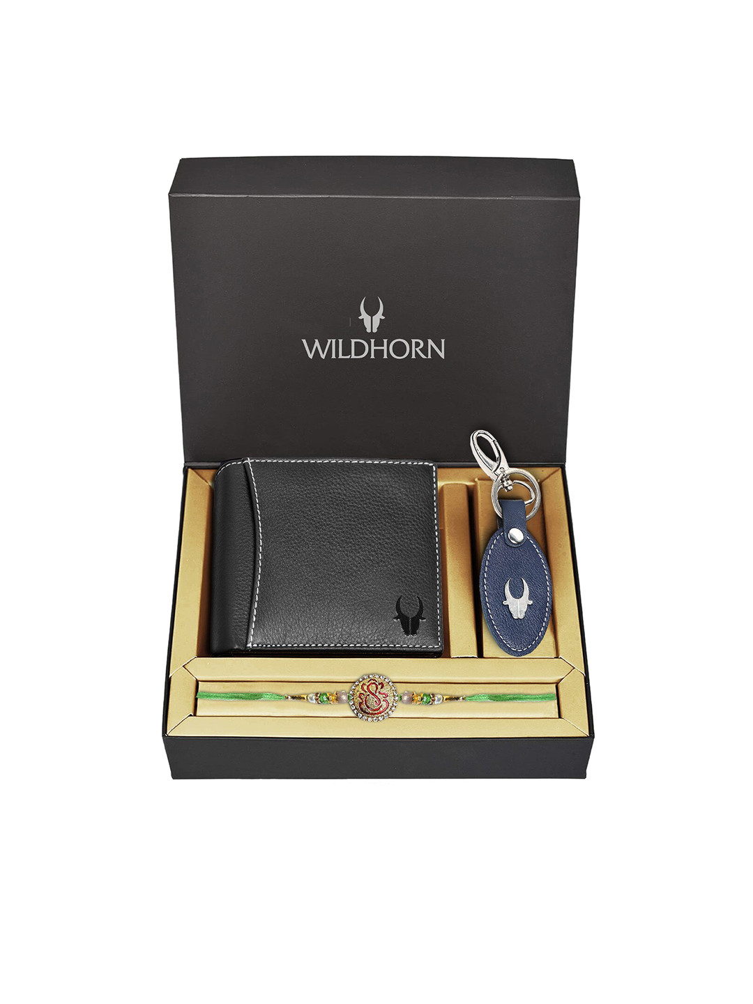 WildHorn Black Leather Wallet and Blue Keychain with Rakhi Combo Gift Set