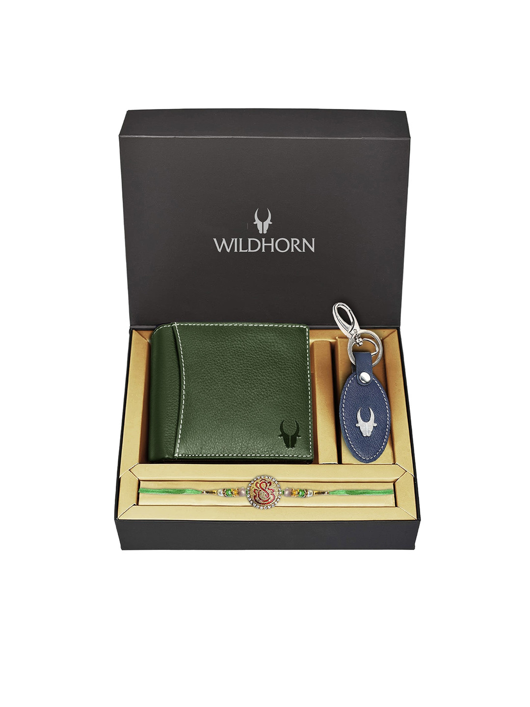 WildHorn Green Leather Wallet and Blue Keychain with Rakhi Combo Gift Set
