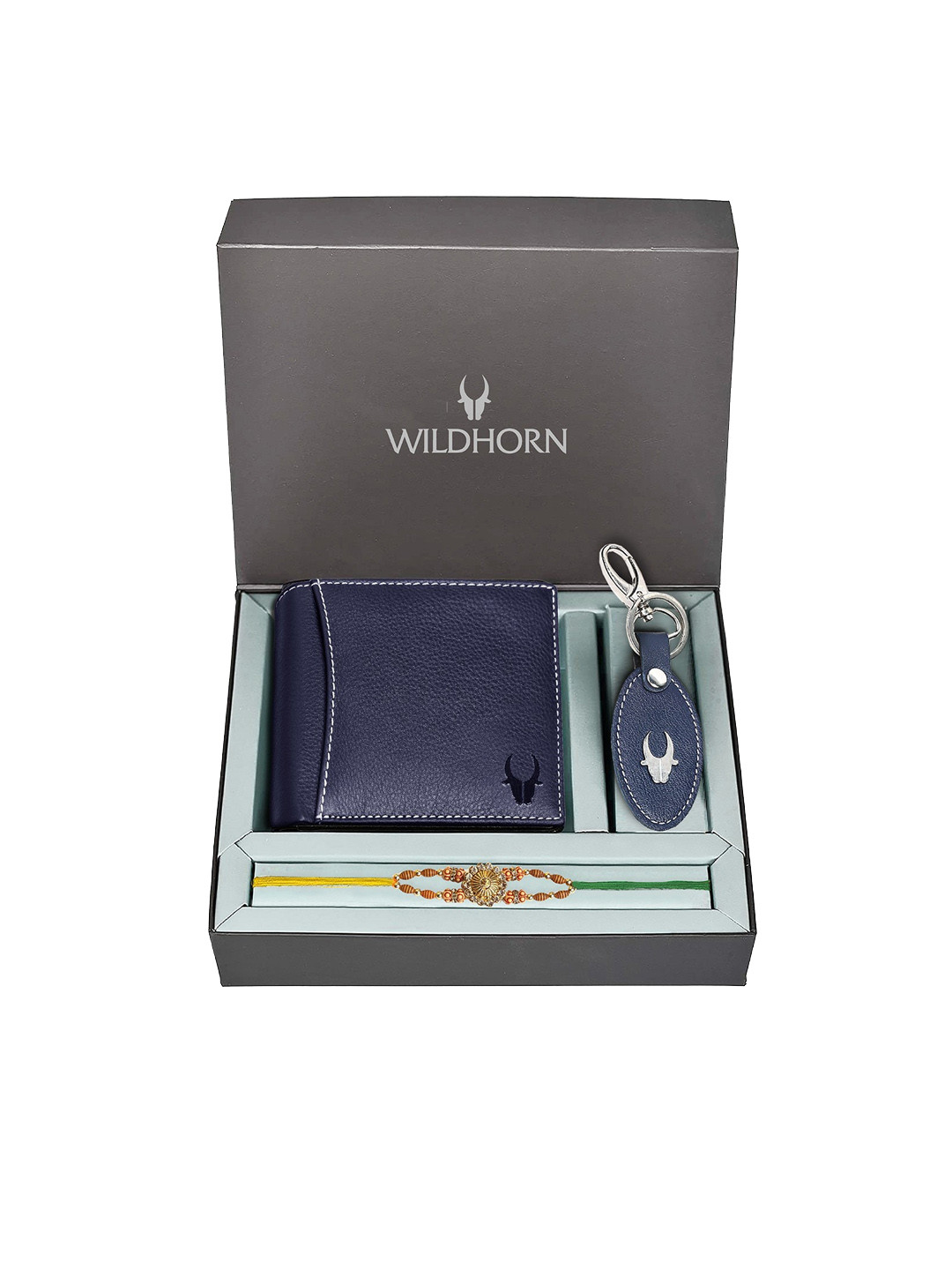 WildHorn Blue Leather Wallet and Keychain with Rakhi Combo Gift Set