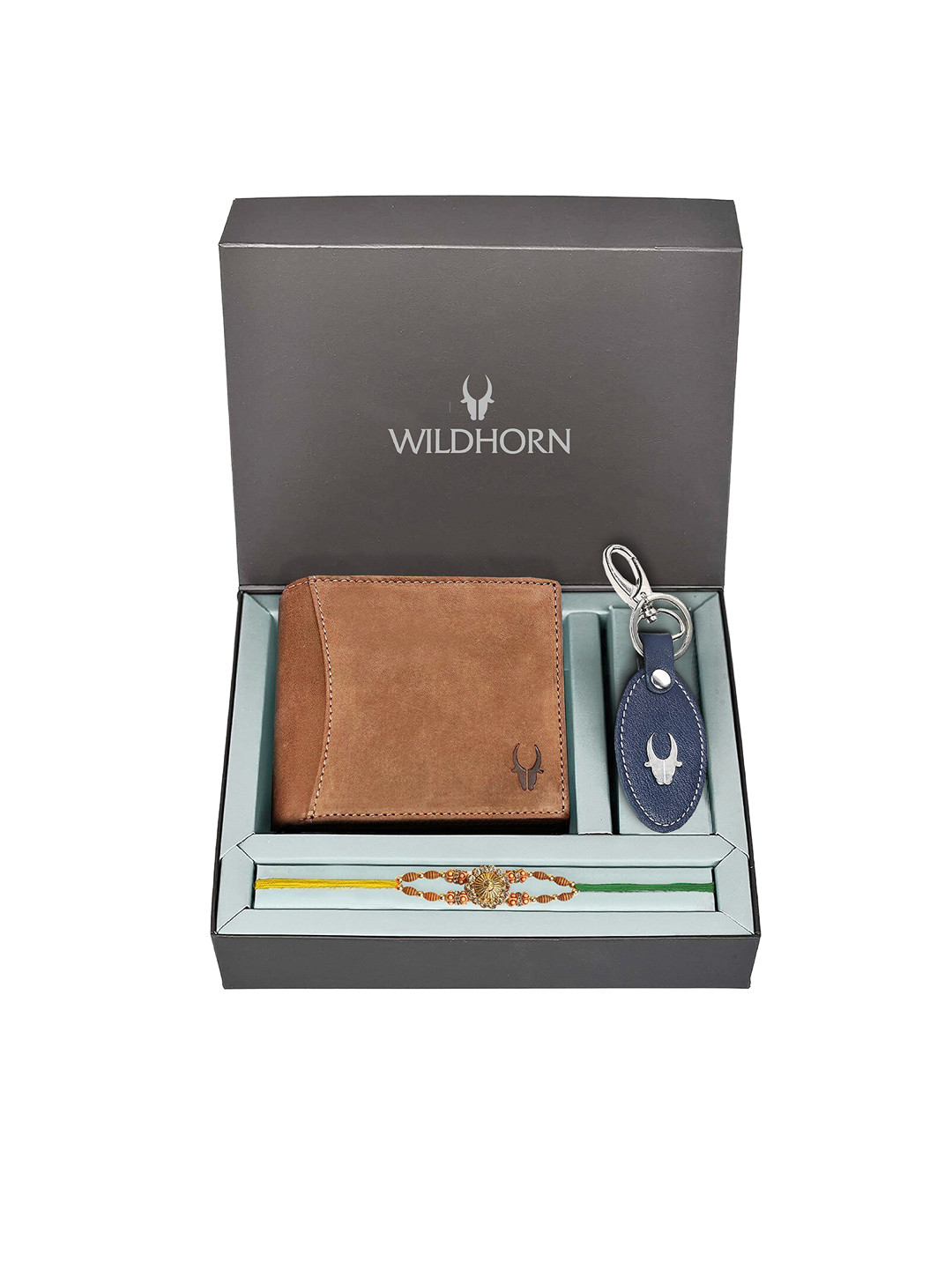 WildHorn Tan-Coloured Leather Wallet and Blue Keychain with Rakhi Combo Gift Set