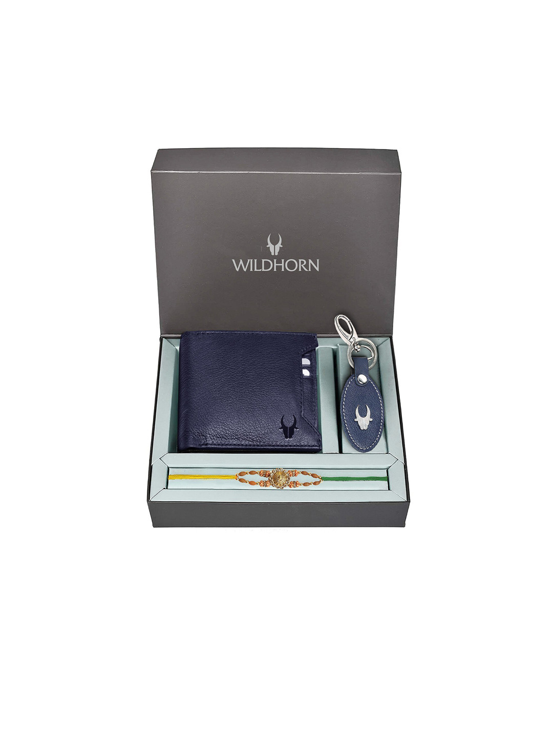 WildHorn Blue Leather Wallet and Keychain with Rakhi Combos Gift Set