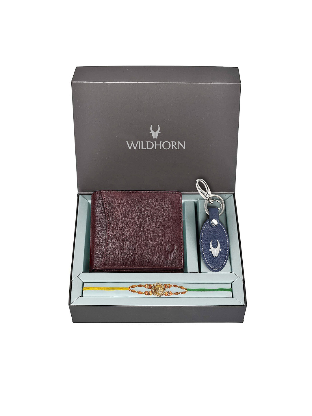 WildHorn Maroon Leather Wallet and Blue Keychain with Rakhi Combo Gift Set