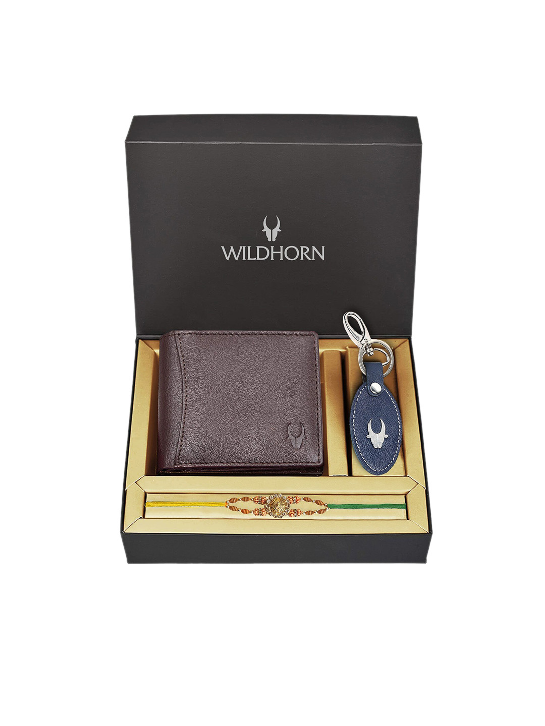 WildHorn Brown Leather Wallet and Blue Keychain with Rakhi Combo Gift Set