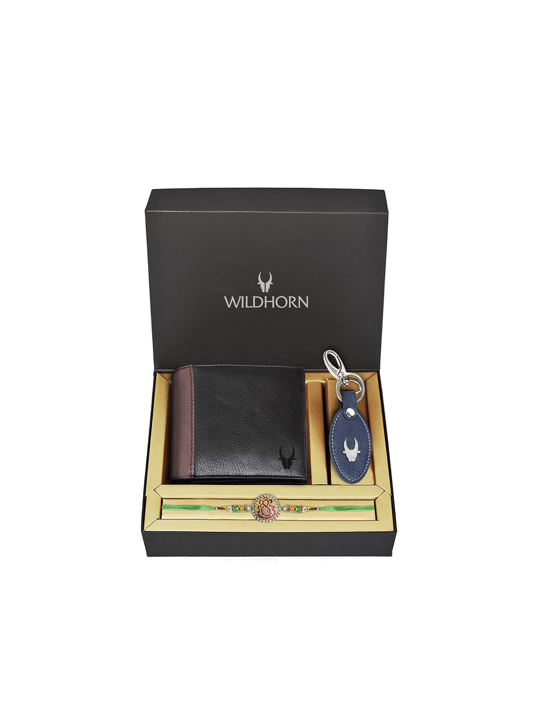 WildHorn Black Leather Wallet and Blue Keychain with Rakhi Combo Gift Set