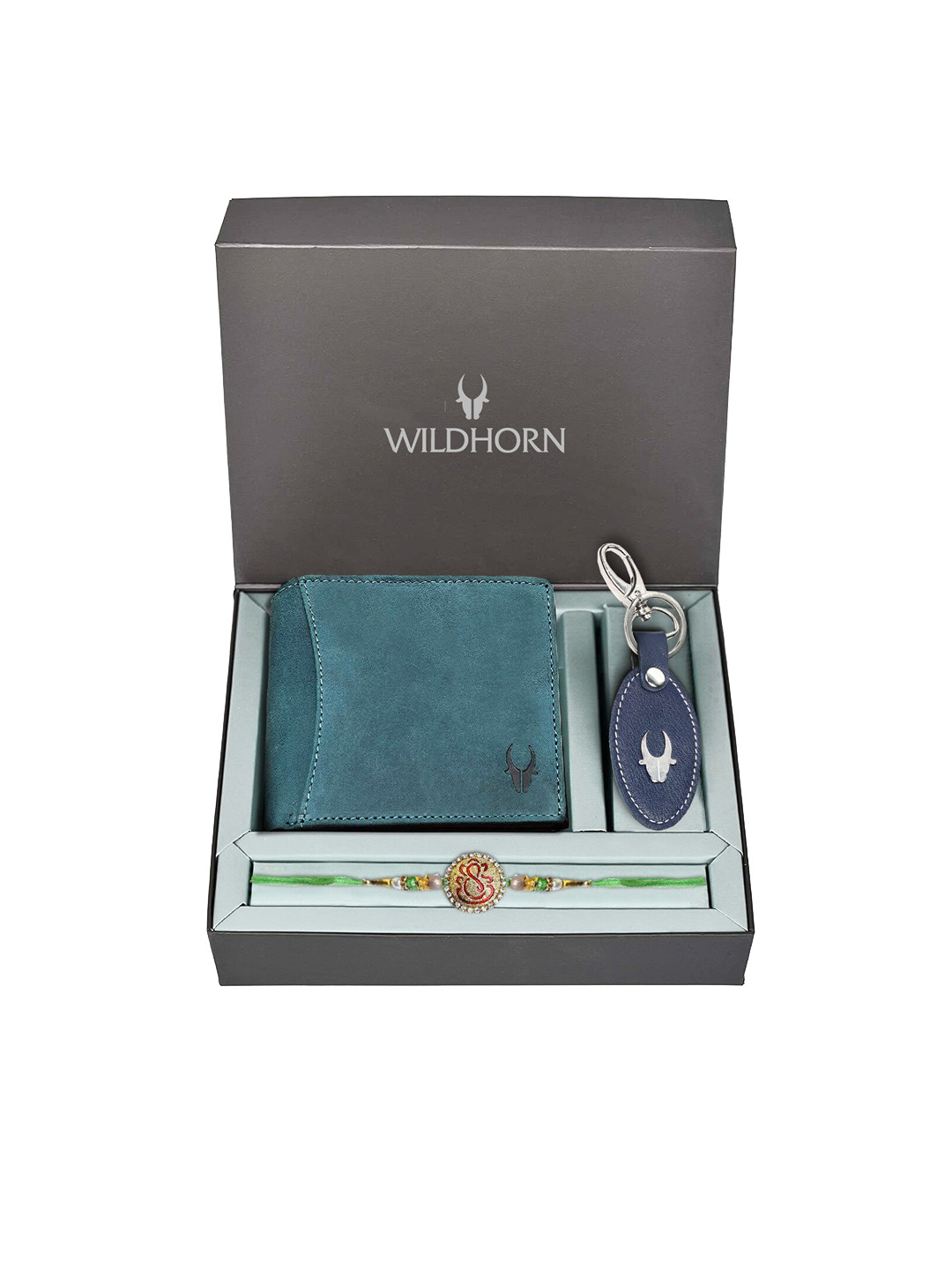 WildHorn Blue Leather Wallet and Keychain with Rakhi Combo Gift Set