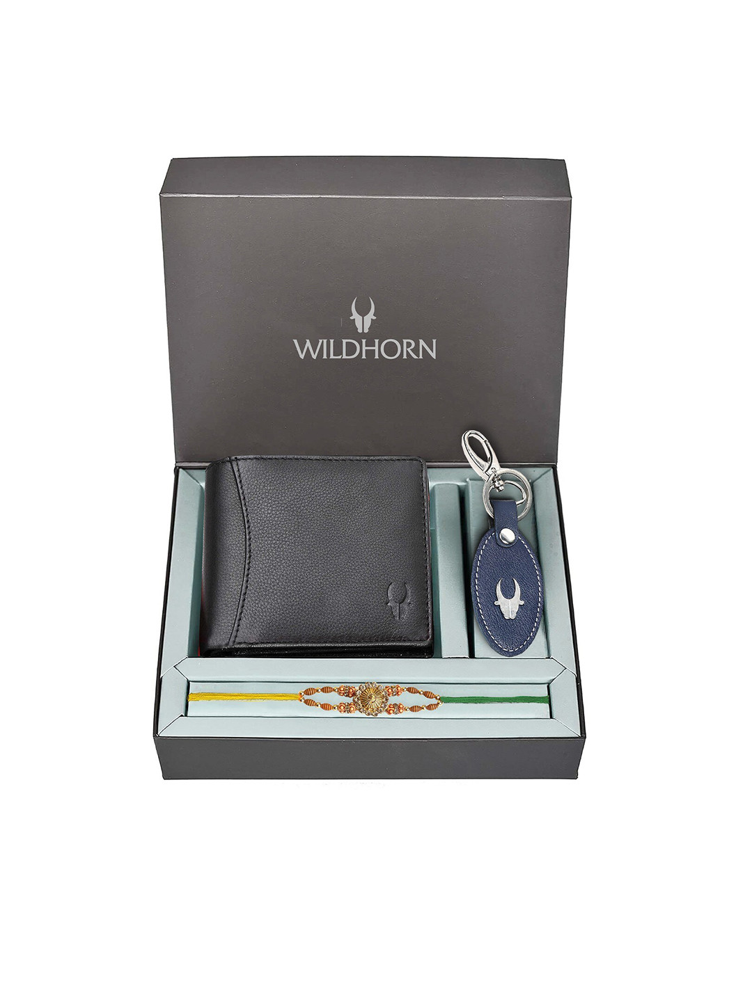 WildHorn Black Leather Wallet and Blue Keychain with Rakhi Combo Gift Set