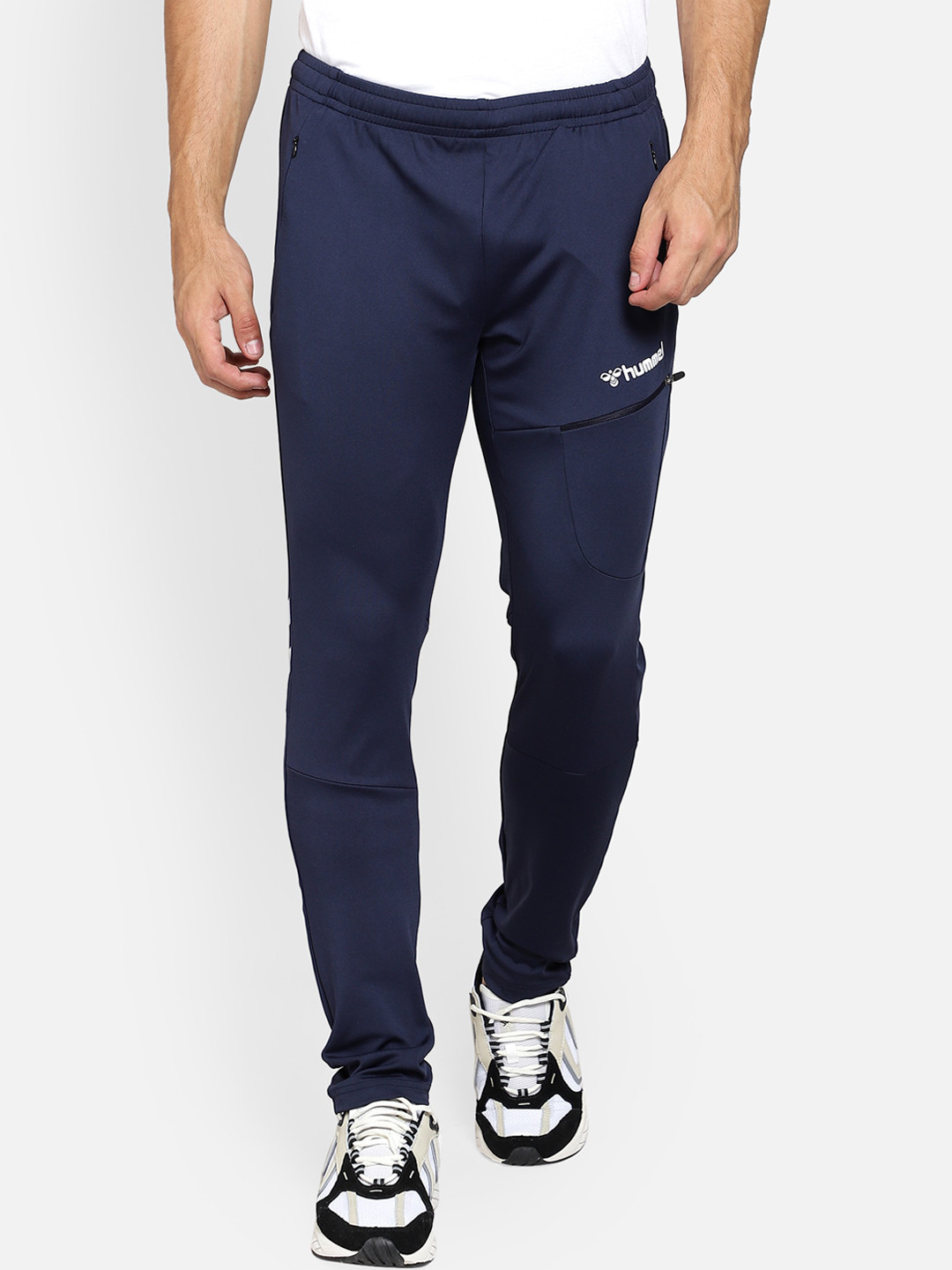 hummel Men Navy Blue & White Solid Track Pants