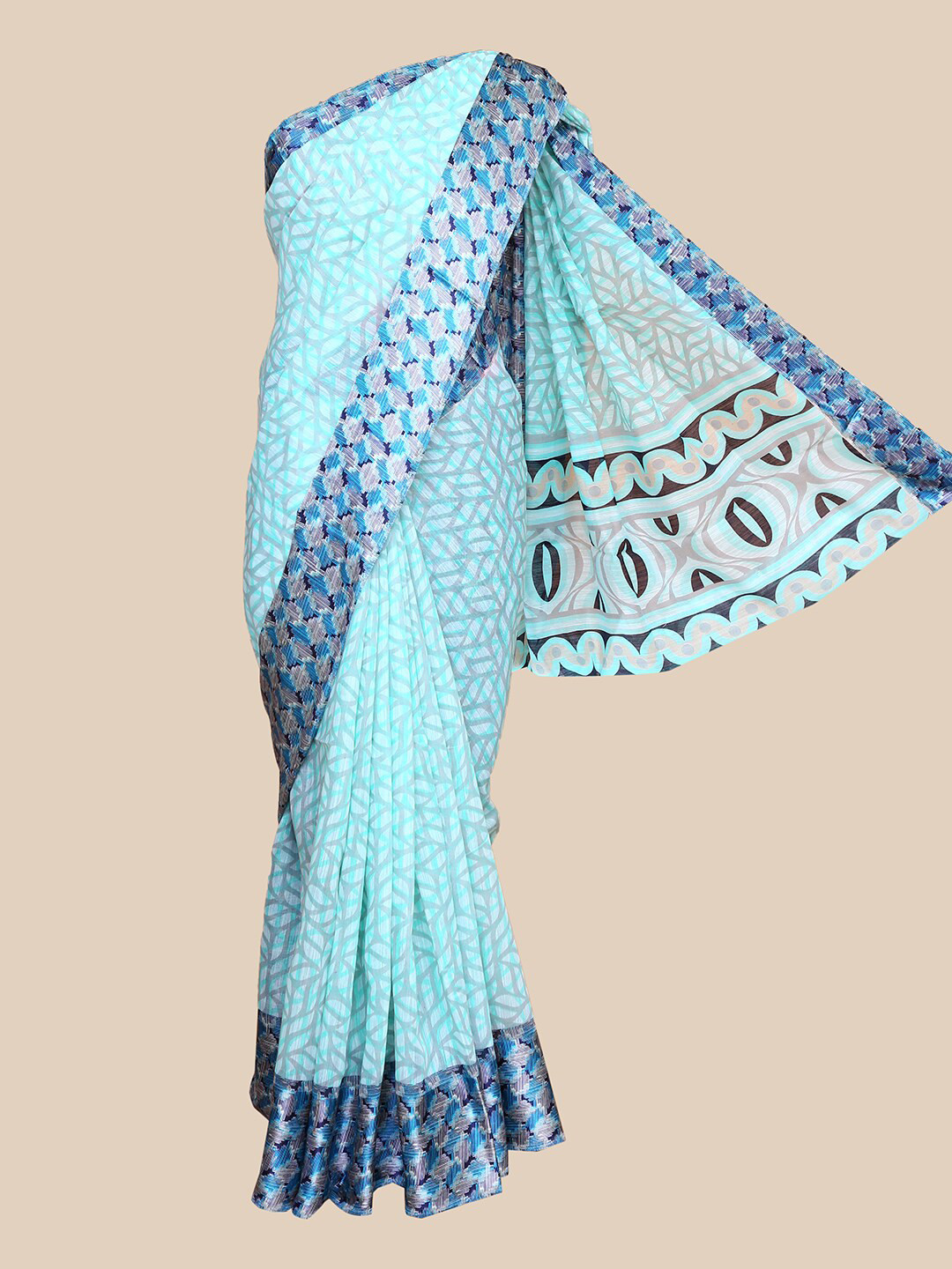 The Chennai Silks Green & Blue Printed Fusion Chanderi Saree