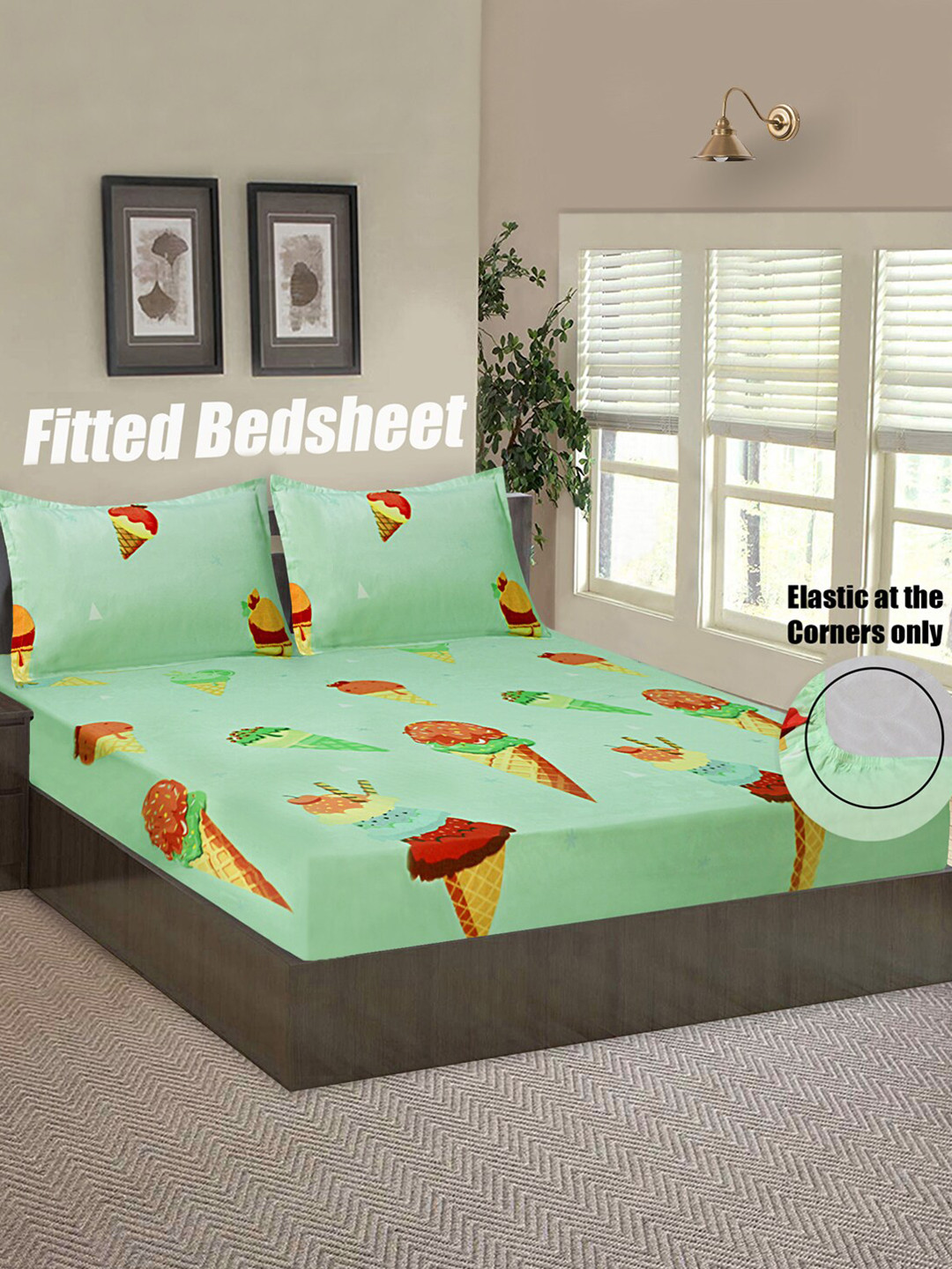 Good Homes by Home Candy Green & Yellow Graphic 144 TC Queen Bedsheet with 2 Pillow Covers