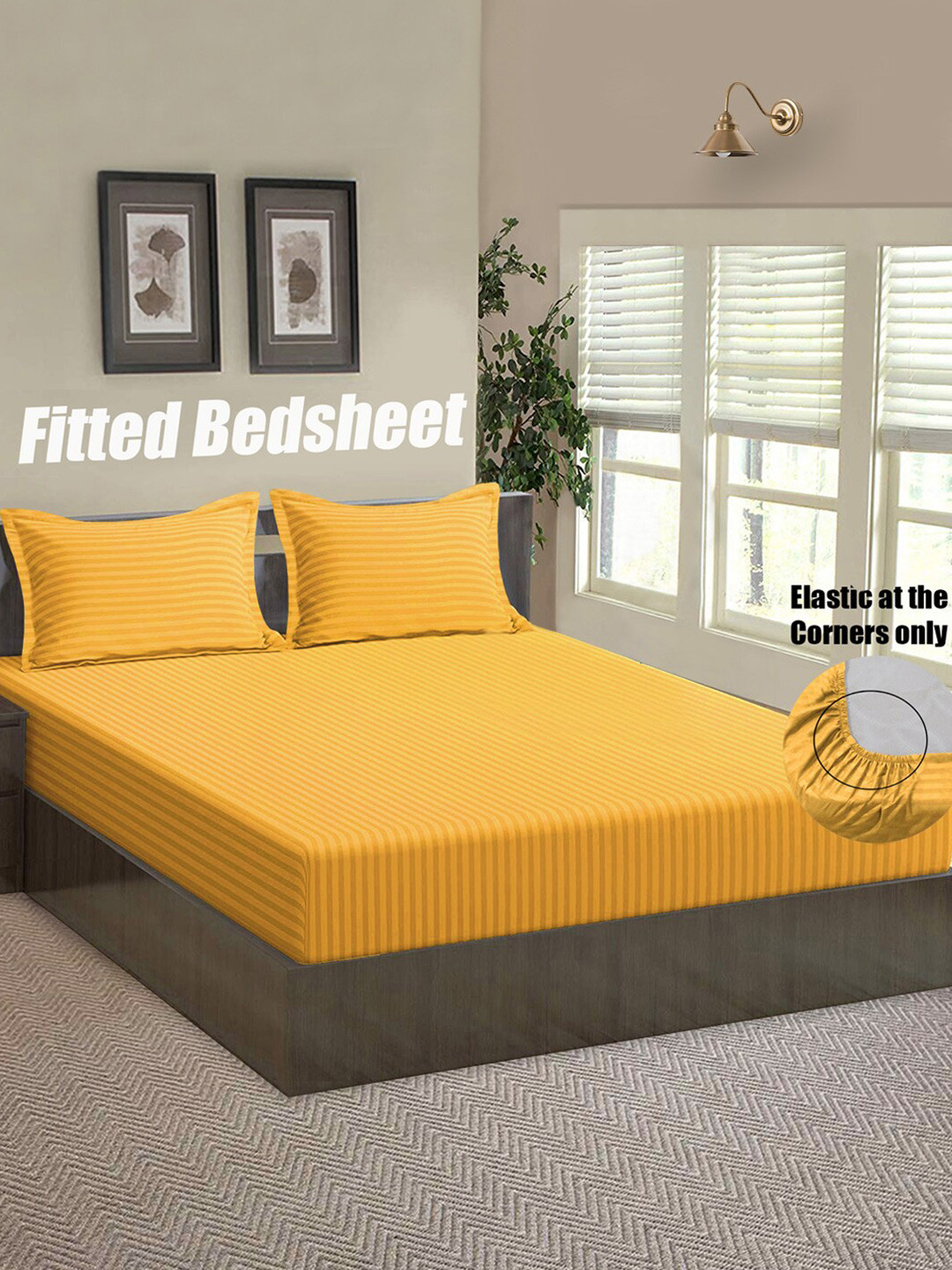 Good Homes by Home Candy Yellow Striped 144 TC Queen Bedsheet with 2 Pillow Covers