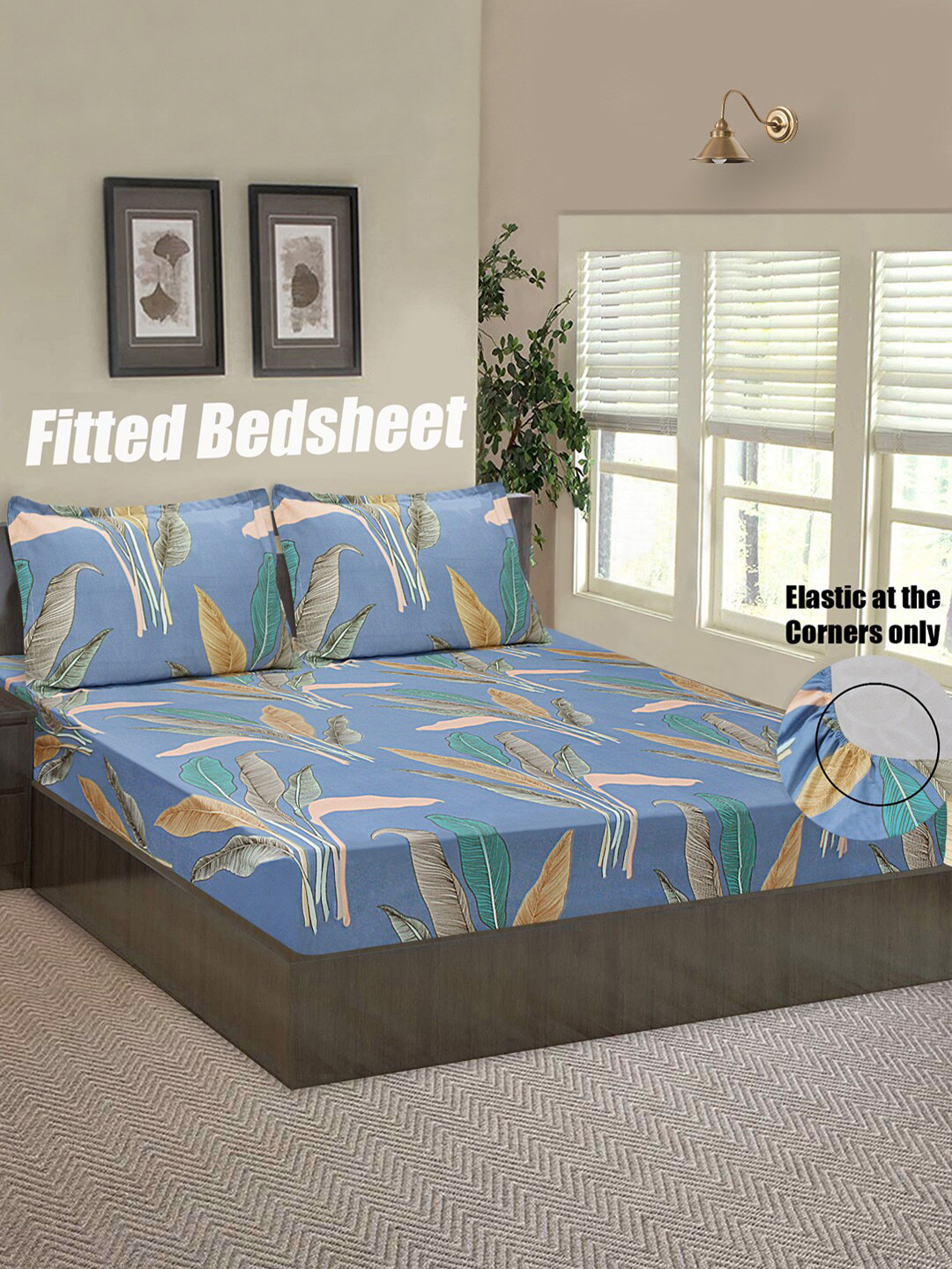 Good Homes by Home Candy Elegant Leaves Blue Floral Polyester 144 TC Fitted Queen Bedsheet with 2 Pillow Covers-88 x 80 inches