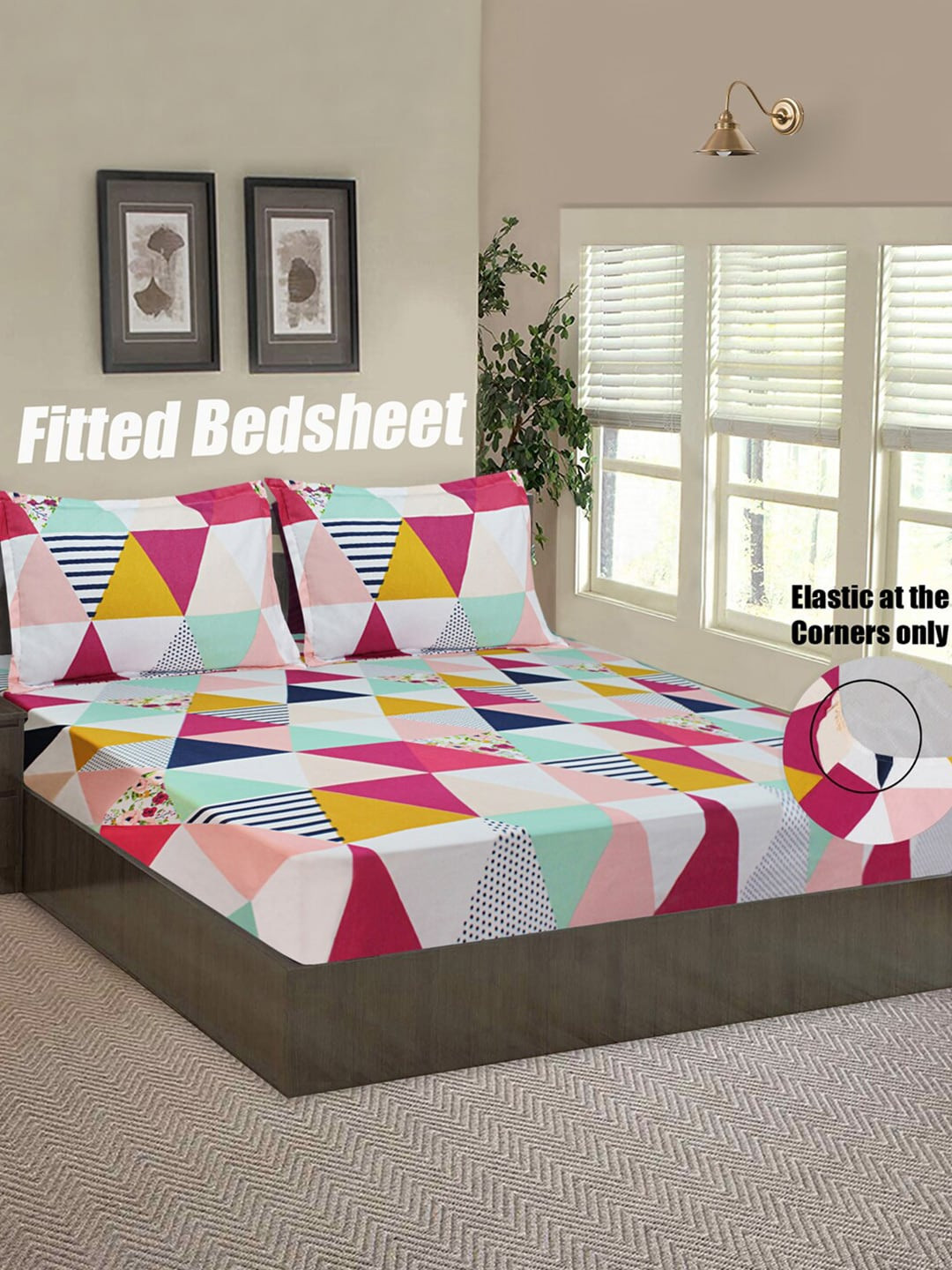 Good Homes by Home Candy White & Pink Geometric 144 TC Queen Bedsheet with 2 Pillow Covers