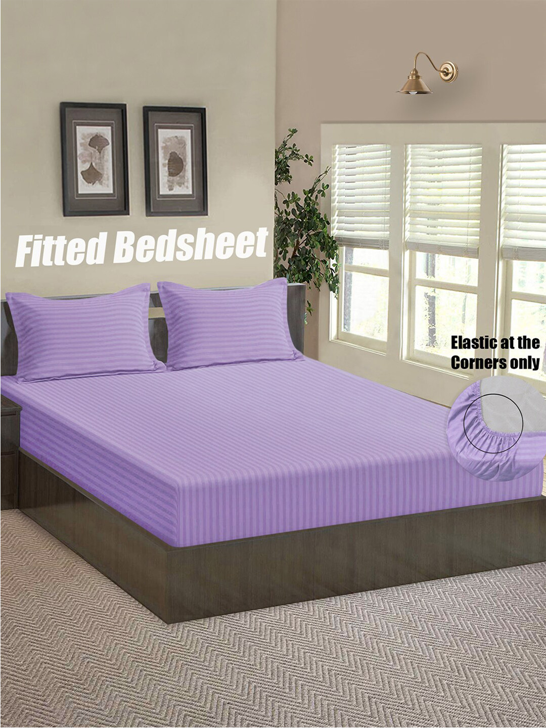 Good Homes by Home Candy Lavender Striped 144 TC Queen Bedsheet with 2 Pillow Covers