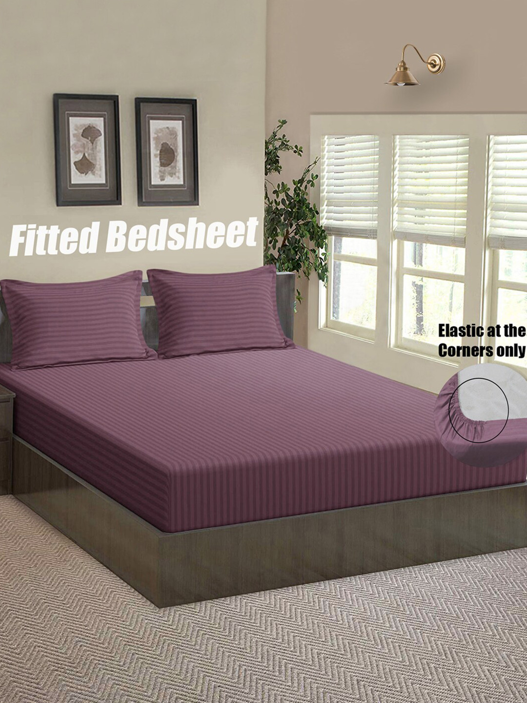 Good Homes by Home Candy Mauve Striped 144 TC Queen Bedsheet with 2 Pillow Covers