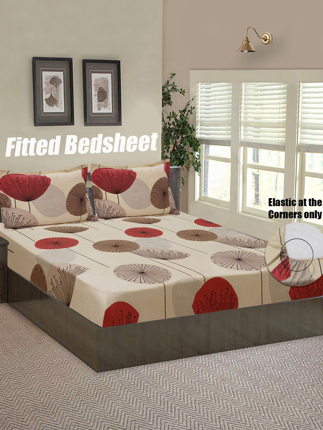 Good Homes by Home Candy Beige & Red Floral 140 TC Queen Bedsheet with 2 Pillow Covers