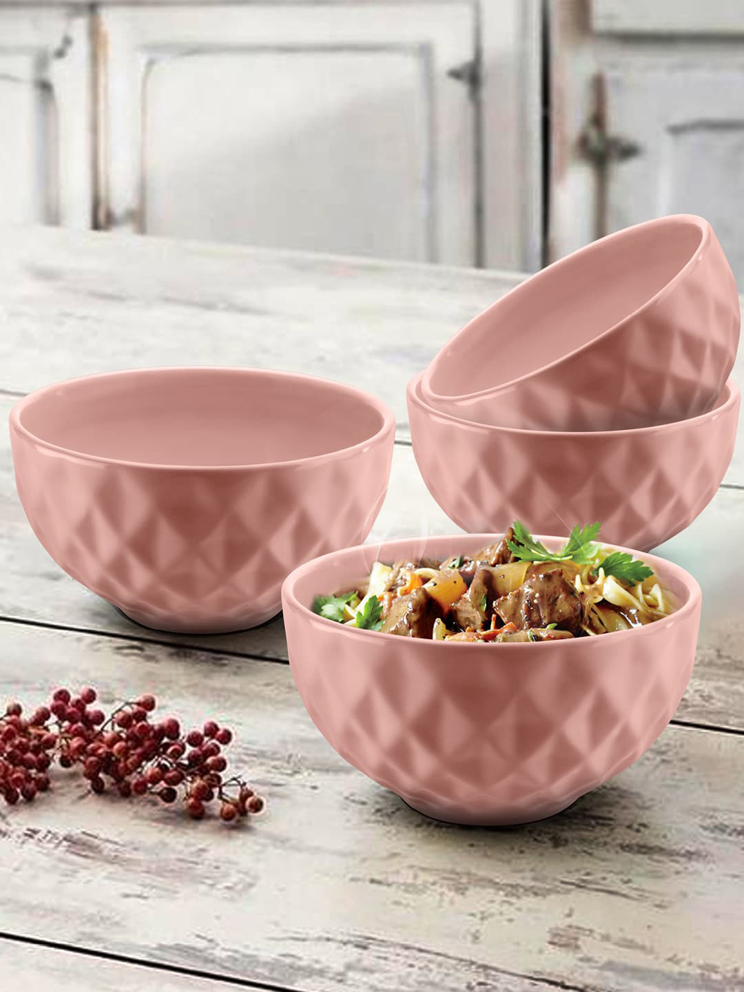 URBAN CHEF Set Of 4 Peach-Coloured Prism Textured Ceramic Handcrafted Serving Bowls