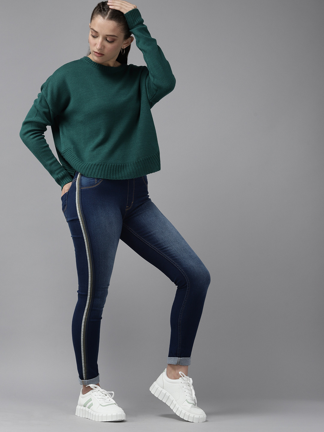 UTH by Roadster Girls Navy Blue Washed Denim Stretchable Jeggings with Side Taping Detail