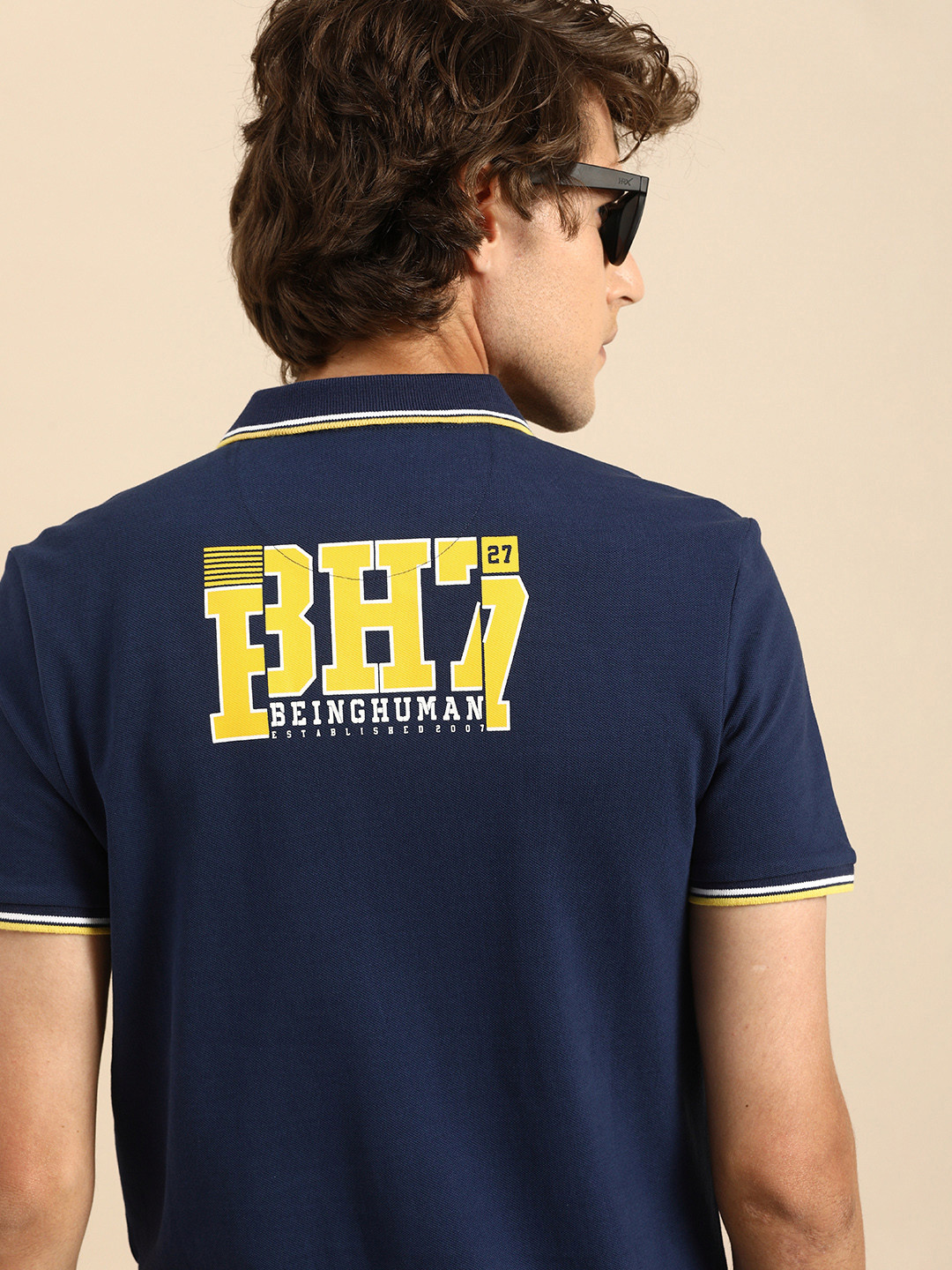 Being Human Men Navy Blue Back Brand Logo Printed Polo Collar Pure Cotton T-shirt